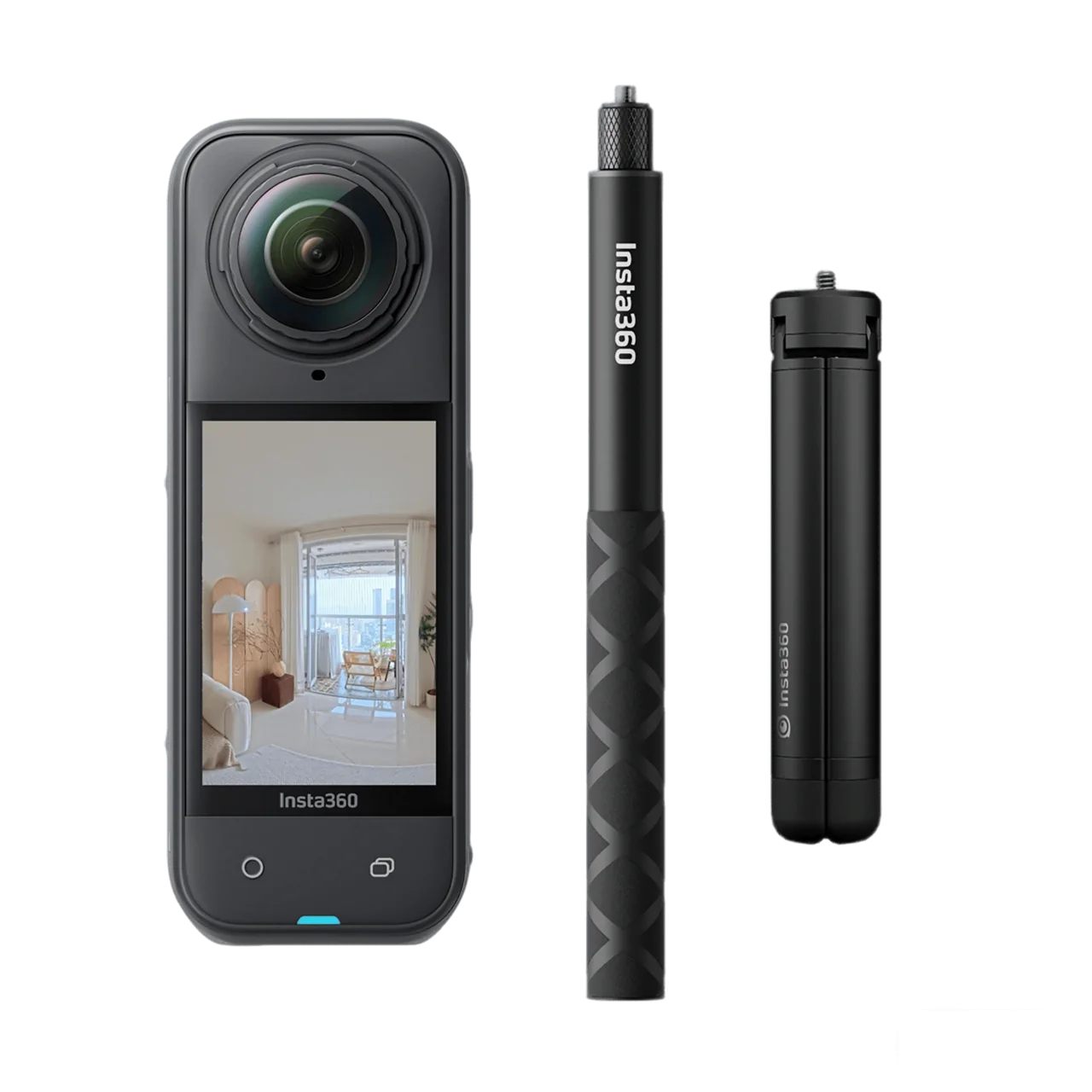 Insta360 X5 camera, selfie stick, and folded tripod